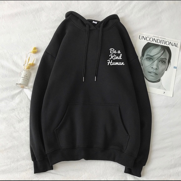 NEW Oversized Hoodies Be a kind human Tan Black - Picture 3 of 4